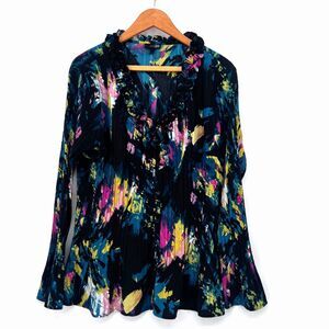 East 5th Plisse Accordion Pleated Dark Black Floral Ruffled Neck Blouse Size 2X